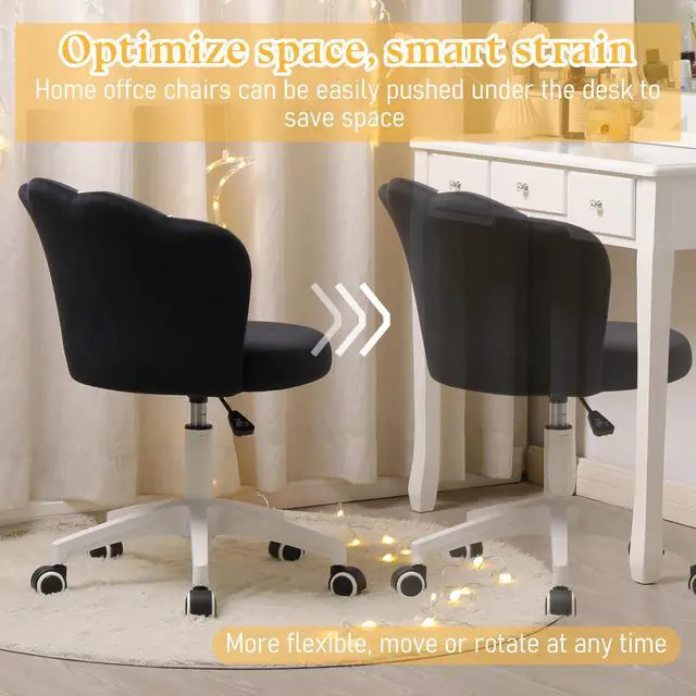 Alt view image 5 of 6 - Black Vanity Chair with Wheels, Velvet Upholstered Desk Chair, Cute Home Office Desk Chair Swivel with Back for Girls Women, Height Adjustable Makeup Chair for Vanity