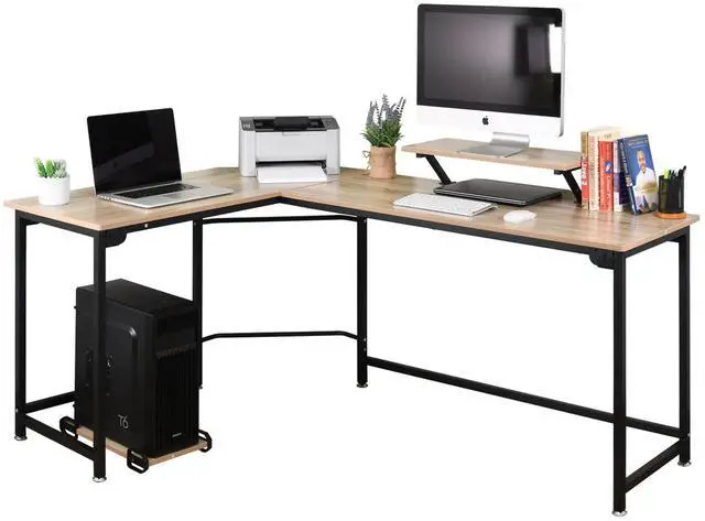 Main image of L-Shaped Computer Study Corner Desk with Monitor Stand Shelf CPU Stand, PC Laptop Gaming Desk 66 Workstation for Home Office Writing Table, Wood & Metal, Space-Saving