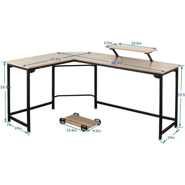 Alt view image 2 of 5 - L-Shaped Computer Study Corner Desk with Monitor Stand Shelf CPU Stand, PC Laptop Gaming Desk 66 Workstation for Home Office Writing Table, Wood & Metal, Space-Saving