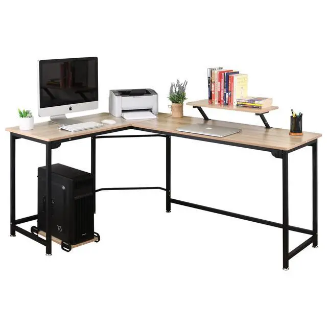 Alt view image 3 of 5 - L-Shaped Computer Study Corner Desk with Monitor Stand Shelf CPU Stand, PC Laptop Gaming Desk 66 Workstation for Home Office Writing Table, Wood & Metal, Space-Saving