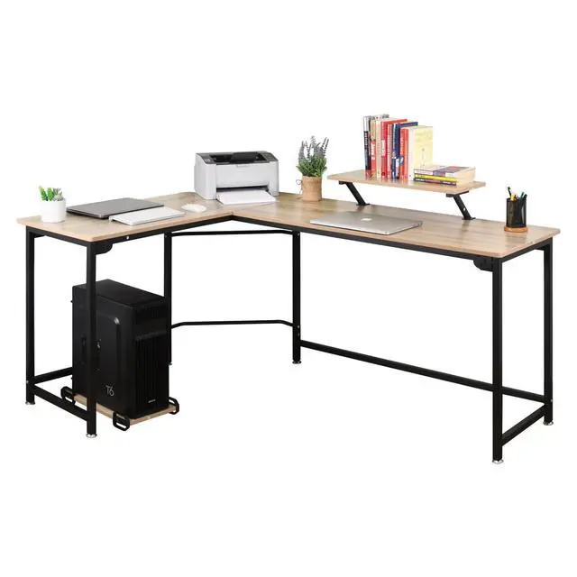 Alt view image 4 of 5 - L-Shaped Computer Study Corner Desk with Monitor Stand Shelf CPU Stand, PC Laptop Gaming Desk 66 Workstation for Home Office Writing Table, Wood & Metal, Space-Saving