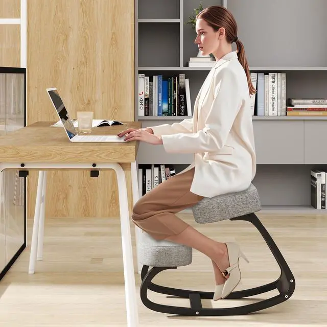 Alt view image 2 of 6 - Ergonomic Kneeling Chair, Rocking Upright Posture Chair with Soft Seat & Knee Pads, Wooden Backless Knee Chair Relieves Neck Back Pain for Home Office Study, Gray and Black