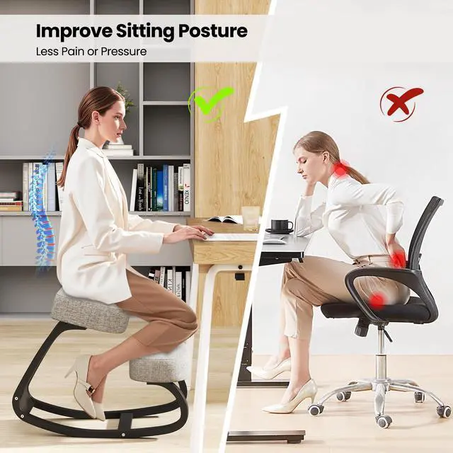 Alt view image 4 of 6 - Ergonomic Kneeling Chair, Rocking Upright Posture Chair with Soft Seat & Knee Pads, Wooden Backless Knee Chair Relieves Neck Back Pain for Home Office Study, Gray and Black