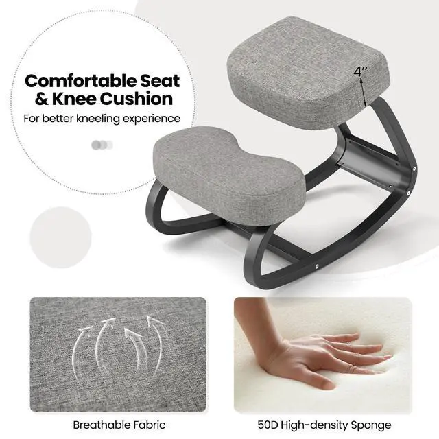 Alt view image 5 of 6 - Ergonomic Kneeling Chair, Rocking Upright Posture Chair with Soft Seat & Knee Pads, Wooden Backless Knee Chair Relieves Neck Back Pain for Home Office Study, Gray and Black