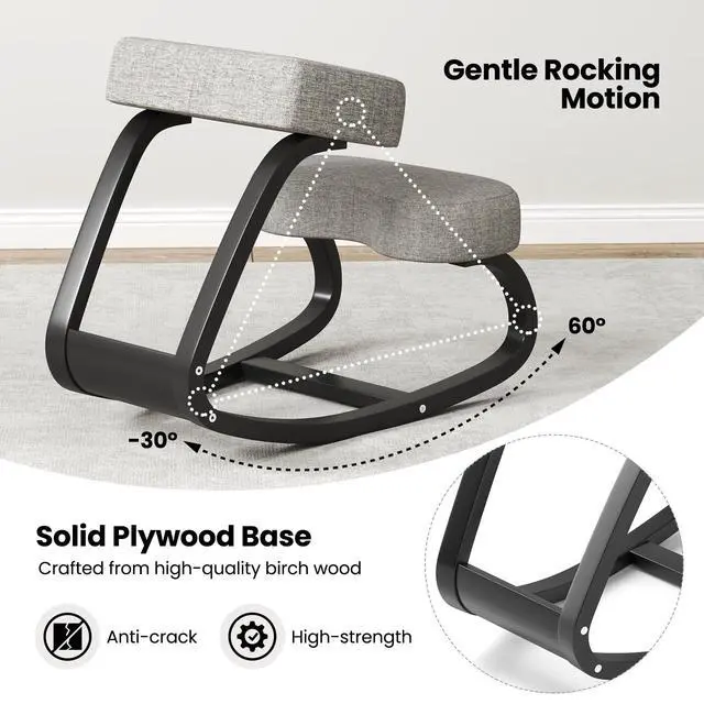Alt view image 6 of 6 - Ergonomic Kneeling Chair, Rocking Upright Posture Chair with Soft Seat & Knee Pads, Wooden Backless Knee Chair Relieves Neck Back Pain for Home Office Study, Gray and Black