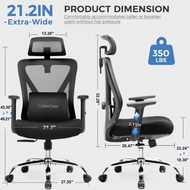 Alt view image 2 of 6 - Office Chair Ergonomic Big and Tall Gaming Chair 350 LBS with 3D Adaptive Lumbar Support & Headrest, High Back Swivel Mesh Desk Chair Comfy for for Long Hours Work, ErgoFlex-P26, Black