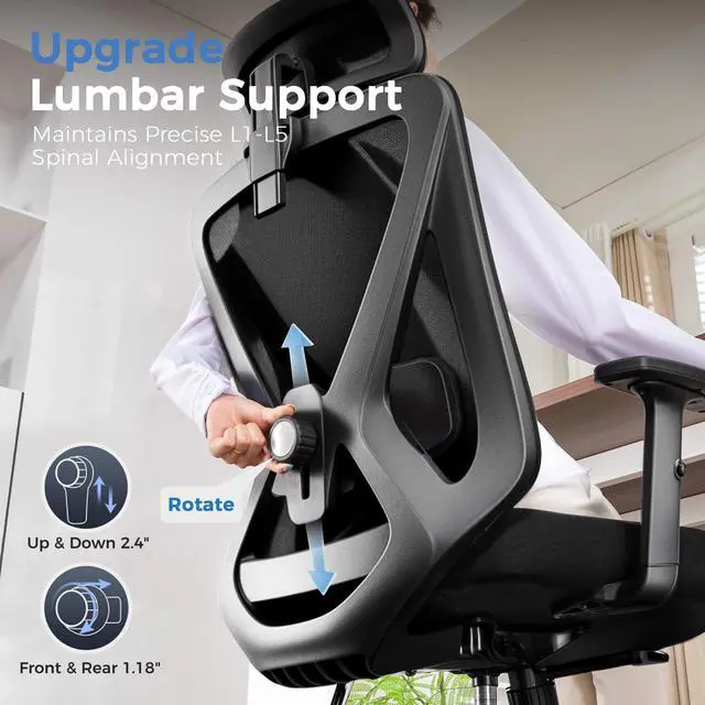 Alt view image 3 of 6 - Office Chair Ergonomic Big and Tall Gaming Chair 350 LBS with 3D Adaptive Lumbar Support & Headrest, High Back Swivel Mesh Desk Chair Comfy for for Long Hours Work, ErgoFlex-P26, Black