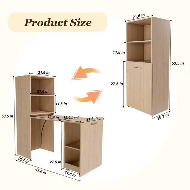 Alt view image 2 of 6 - Expandable and Foldable Desk, Mobile Office Desk with Storage Shelves & Wheels, Compact Computer Desk for Small Space, Reversible L Shaped Desk (Natural)