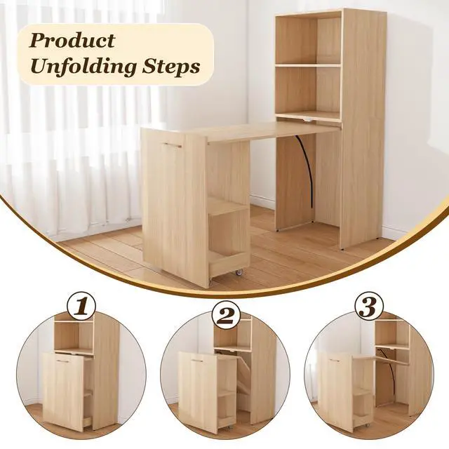 Alt view image 3 of 6 - Expandable and Foldable Desk, Mobile Office Desk with Storage Shelves & Wheels, Compact Computer Desk for Small Space, Reversible L Shaped Desk (Natural)