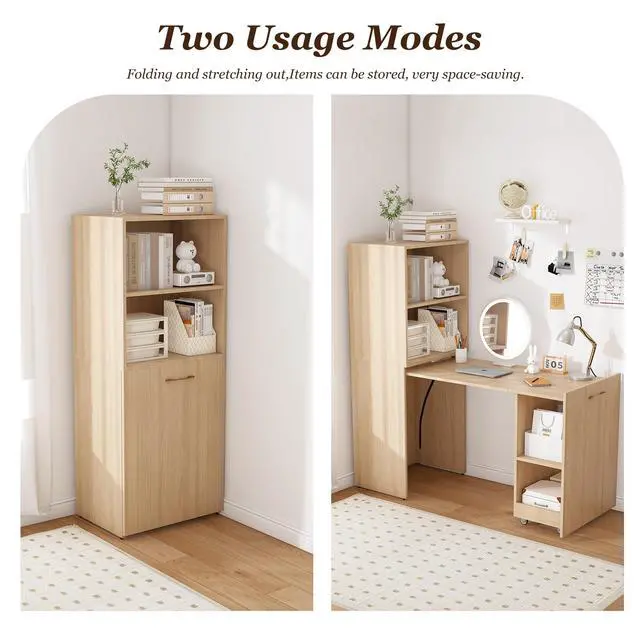Alt view image 5 of 6 - Expandable and Foldable Desk, Mobile Office Desk with Storage Shelves & Wheels, Compact Computer Desk for Small Space, Reversible L Shaped Desk (Natural)