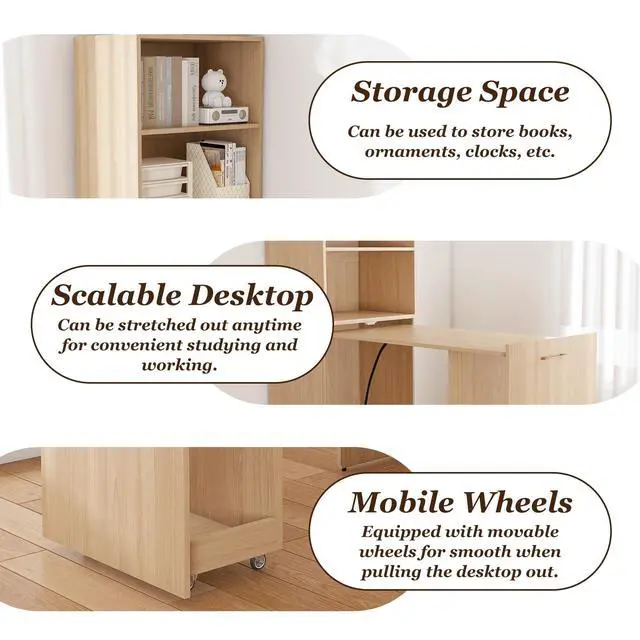 Alt view image 6 of 6 - Expandable and Foldable Desk, Mobile Office Desk with Storage Shelves & Wheels, Compact Computer Desk for Small Space, Reversible L Shaped Desk (Natural)