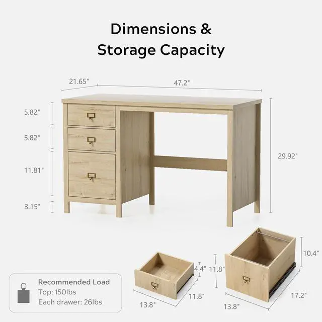 Alt view image 2 of 6 - Executive Desk with Drawers, Modern Wood Home Office Desk with File Drawer, Farmhouse Computer Writing Desk for Working, Light Oak