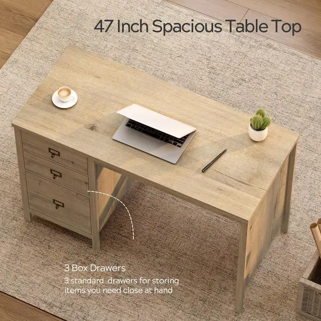 Alt view image 3 of 6 - Executive Desk with Drawers, Modern Wood Home Office Desk with File Drawer, Farmhouse Computer Writing Desk for Working, Light Oak