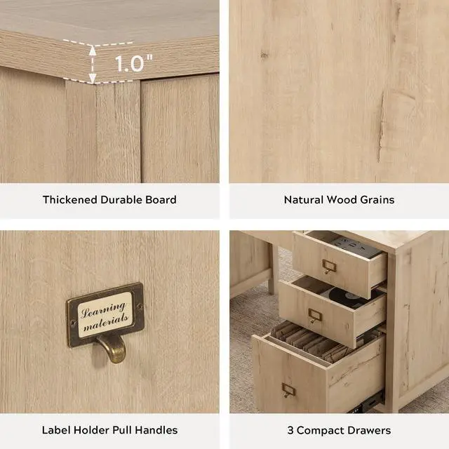 Alt view image 4 of 6 - Executive Desk with Drawers, Modern Wood Home Office Desk with File Drawer, Farmhouse Computer Writing Desk for Working, Light Oak