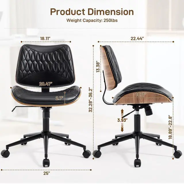 Alt view image 2 of 6 - Office Chair No Arms with Wheels, PU Leather Adjustable Height Small Desk Chair, Modern Mid Back Swivel Rolling Armless Computer Task Chair for Home Office, Meeting Room, Study, Black
