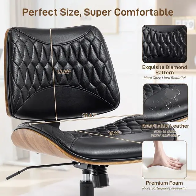 Alt view image 3 of 6 - Office Chair No Arms with Wheels, PU Leather Adjustable Height Small Desk Chair, Modern Mid Back Swivel Rolling Armless Computer Task Chair for Home Office, Meeting Room, Study, Black