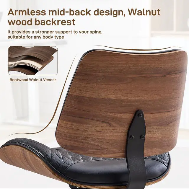 Alt view image 4 of 6 - Office Chair No Arms with Wheels, PU Leather Adjustable Height Small Desk Chair, Modern Mid Back Swivel Rolling Armless Computer Task Chair for Home Office, Meeting Room, Study, Black
