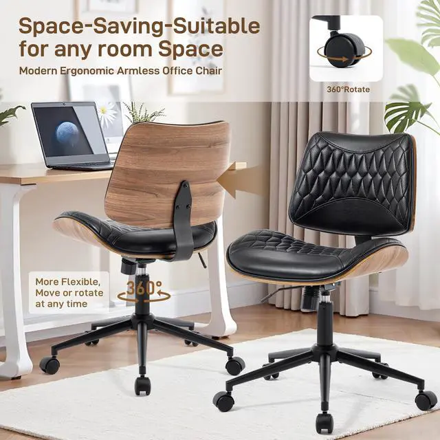 Alt view image 5 of 6 - Office Chair No Arms with Wheels, PU Leather Adjustable Height Small Desk Chair, Modern Mid Back Swivel Rolling Armless Computer Task Chair for Home Office, Meeting Room, Study, Black