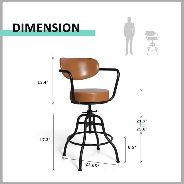 Alt view image 3 of 6 - Industrial Office Chair, Vintage Mobile Bar Stool with Backrest and Casters, 21.7-25.6inch Height Adjustable, for Home Office