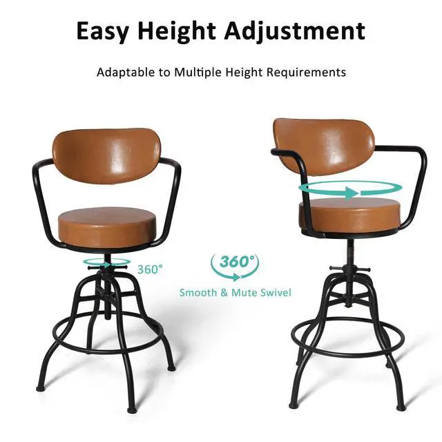Alt view image 4 of 6 - Industrial Office Chair, Vintage Mobile Bar Stool with Backrest and Casters, 21.7-25.6inch Height Adjustable, for Home Office