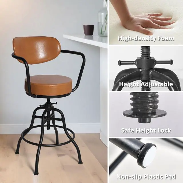Alt view image 5 of 6 - Industrial Office Chair, Vintage Mobile Bar Stool with Backrest and Casters, 21.7-25.6inch Height Adjustable, for Home Office