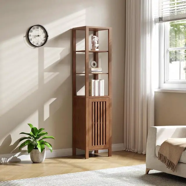 Main image of 6-Tier Brown Farmhouse Bookshelf with Storage Cabinet & Adjustable Shelf, Rustic Bookcase Home Office Furniture, Organizer for Living Room, Bedroom