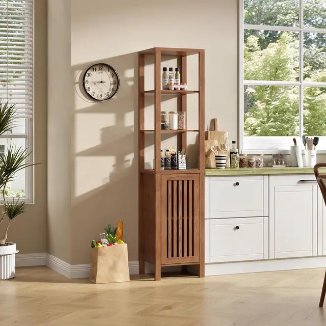 Alt view image 3 of 6 - 6-Tier Brown Farmhouse Bookshelf with Storage Cabinet & Adjustable Shelf, Rustic Bookcase Home Office Furniture, Organizer for Living Room, Bedroom