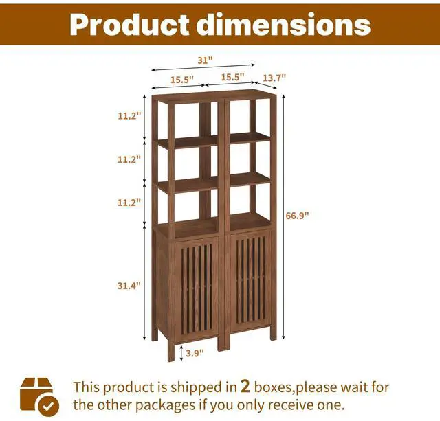 Alt view image 2 of 6 - Set of 2 Rustic Farmhouse Bookshelf, 6-Tier Storage Cabinet with Adjustable Shelves, Brown Bookcase Organizer for Home Office, Living Room & Bedroom
