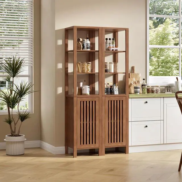 Alt view image 4 of 6 - Set of 2 Rustic Farmhouse Bookshelf, 6-Tier Storage Cabinet with Adjustable Shelves, Brown Bookcase Organizer for Home Office, Living Room & Bedroom