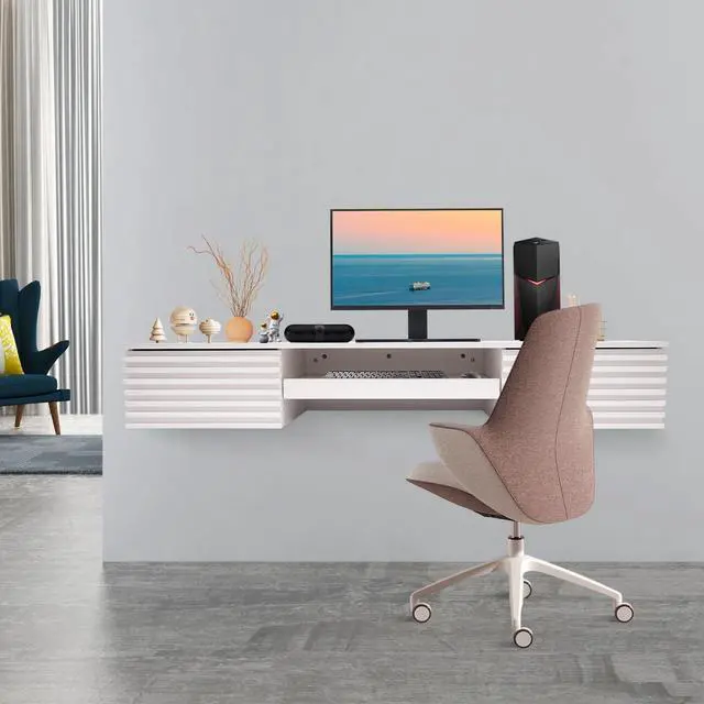 Alt view image 2 of 6 - Wall Mounted Desk, Small Space Multifunctional Modern Floating Desk Pull Out Drawer Laptop Computer Writing Study Table with Space-Saving Home Office Desk for Student Dormitories