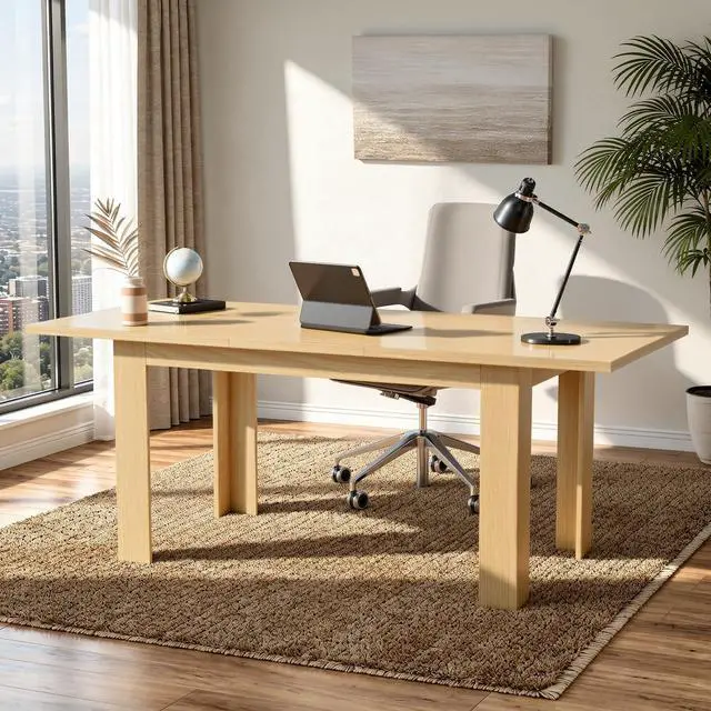 Main image of Executive Extendable Home Office Desk, 5977 Inch Modern Computer Writing Desk with Pull-Out Extension, Large Workstation for Study & Laptop, Reinforced Frame, Natural