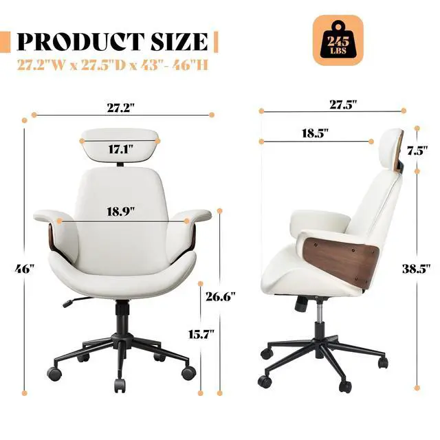 Alt view image 2 of 6 - Home Office Chair with Wheels and Bentwood Arms, PU Leather Swivel Desk Chair with Lumbar Support and Headrest, Height Adjustable Modern Computer Chair for Office, Study, White