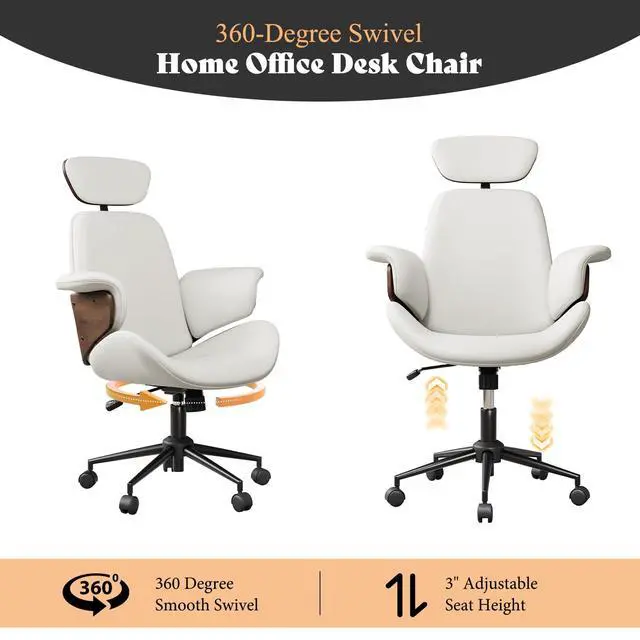 Alt view image 3 of 6 - Home Office Chair with Wheels and Bentwood Arms, PU Leather Swivel Desk Chair with Lumbar Support and Headrest, Height Adjustable Modern Computer Chair for Office, Study, White