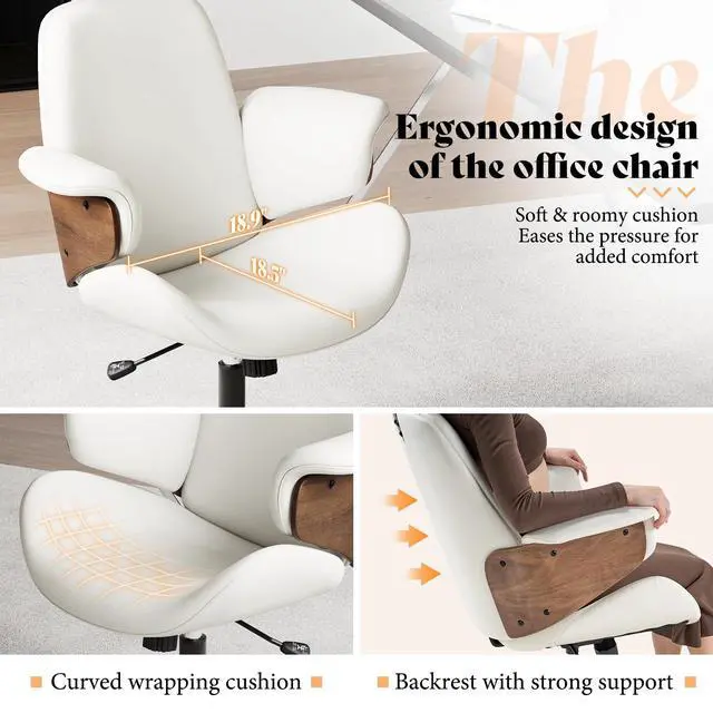 Alt view image 4 of 6 - Home Office Chair with Wheels and Bentwood Arms, PU Leather Swivel Desk Chair with Lumbar Support and Headrest, Height Adjustable Modern Computer Chair for Office, Study, White