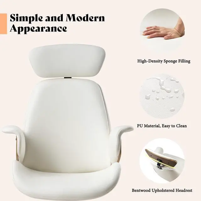 Alt view image 5 of 6 - Home Office Chair with Wheels and Bentwood Arms, PU Leather Swivel Desk Chair with Lumbar Support and Headrest, Height Adjustable Modern Computer Chair for Office, Study, White