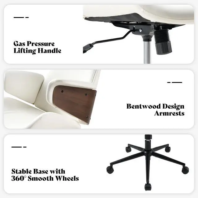 Alt view image 6 of 6 - Home Office Chair with Wheels and Bentwood Arms, PU Leather Swivel Desk Chair with Lumbar Support and Headrest, Height Adjustable Modern Computer Chair for Office, Study, White