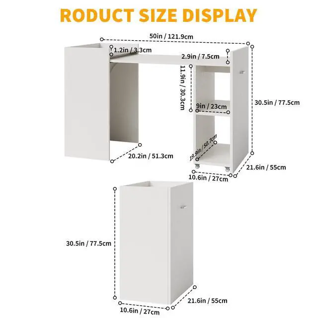 Alt view image 2 of 6 - Folding Office Table Extension Table, 50" Multi-Functional Home Office Desk, 10" Storage Cabinetwith 3-Tier Shelves & Wheels for Gaming, Work, Study, Bedroom, Home, Office, Kitchen Room