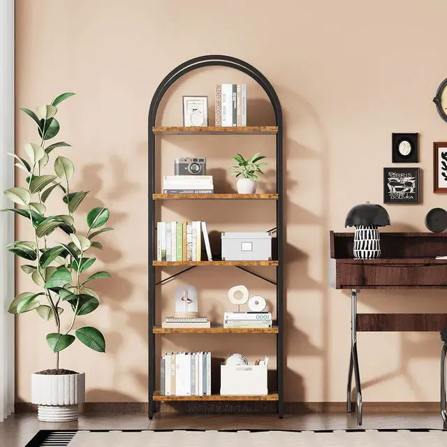 Main image of Five-Tier Arched Display Rack 71 in Industrial-Style Freestanding Bookshelf Metal Frame High Storage Cabinet for Bedrooms, Living Rooms, Offices, and Home Environments - Brown