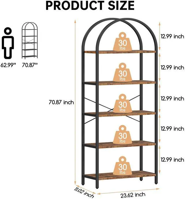 Alt view image 2 of 6 - Five-Tier Arched Display Rack 71 in Industrial-Style Freestanding Bookshelf Metal Frame High Storage Cabinet for Bedrooms, Living Rooms, Offices, and Home Environments - Brown