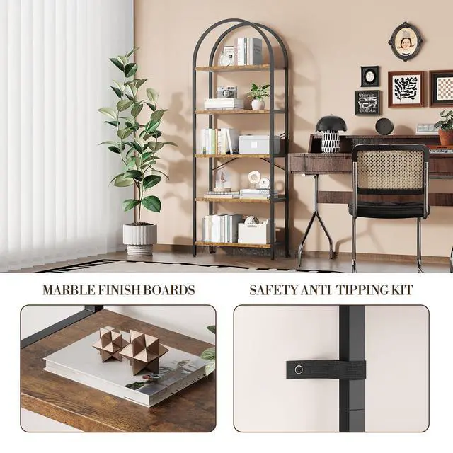 Alt view image 3 of 6 - Five-Tier Arched Display Rack 71 in Industrial-Style Freestanding Bookshelf Metal Frame High Storage Cabinet for Bedrooms, Living Rooms, Offices, and Home Environments - Brown