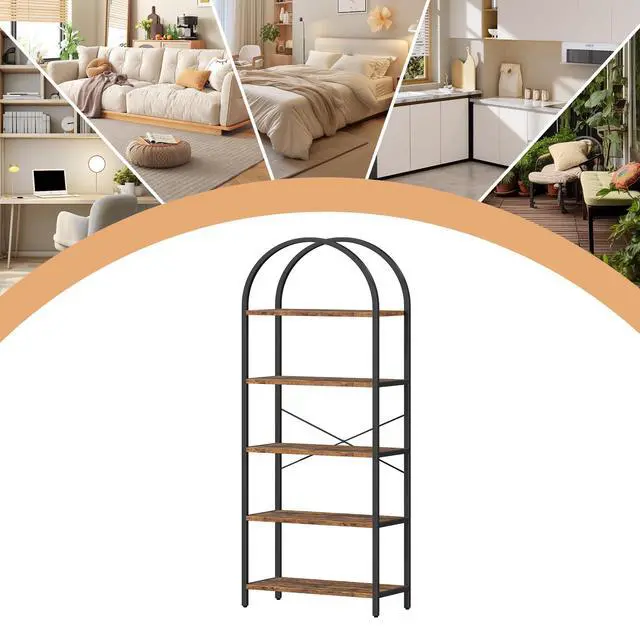 Alt view image 4 of 6 - Five-Tier Arched Display Rack 71 in Industrial-Style Freestanding Bookshelf Metal Frame High Storage Cabinet for Bedrooms, Living Rooms, Offices, and Home Environments - Brown