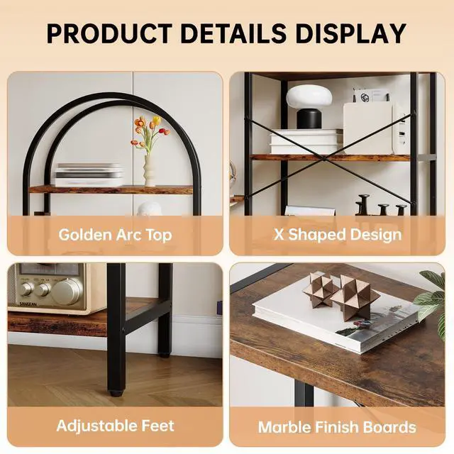 Alt view image 5 of 6 - Five-Tier Arched Display Rack 71 in Industrial-Style Freestanding Bookshelf Metal Frame High Storage Cabinet for Bedrooms, Living Rooms, Offices, and Home Environments - Brown