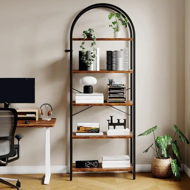 Alt view image 6 of 6 - Five-Tier Arched Display Rack 71 in Industrial-Style Freestanding Bookshelf Metal Frame High Storage Cabinet for Bedrooms, Living Rooms, Offices, and Home Environments - Brown