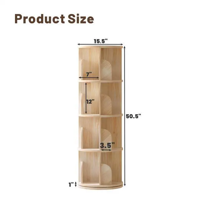 Alt view image 2 of 6 - 4-Tier Rotating Bookshelf 360°, Wood Book Shelf for Small Spaces, Corner Bookshelf with Storage - Natural Wood Bookcase & Bookshelf for Bedroom, Living Room, Office