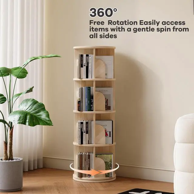 Alt view image 3 of 6 - 4-Tier Rotating Bookshelf 360°, Wood Book Shelf for Small Spaces, Corner Bookshelf with Storage - Natural Wood Bookcase & Bookshelf for Bedroom, Living Room, Office