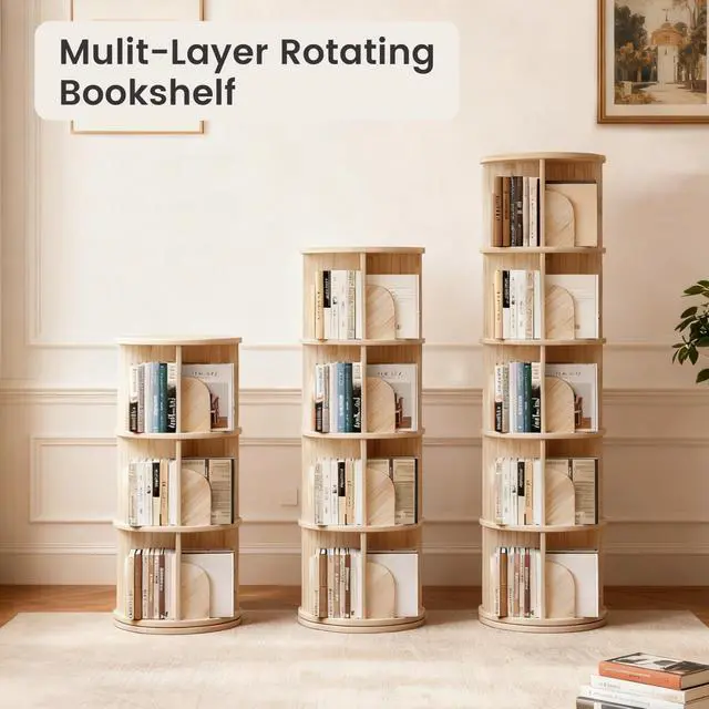 Alt view image 5 of 6 - 4-Tier Rotating Bookshelf 360°, Wood Book Shelf for Small Spaces, Corner Bookshelf with Storage - Natural Wood Bookcase & Bookshelf for Bedroom, Living Room, Office