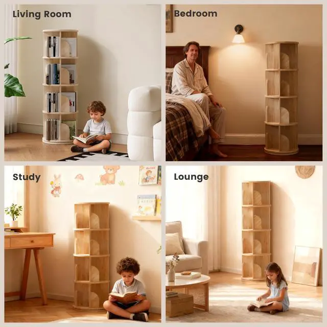 Alt view image 6 of 6 - 4-Tier Rotating Bookshelf 360°, Wood Book Shelf for Small Spaces, Corner Bookshelf with Storage - Natural Wood Bookcase & Bookshelf for Bedroom, Living Room, Office