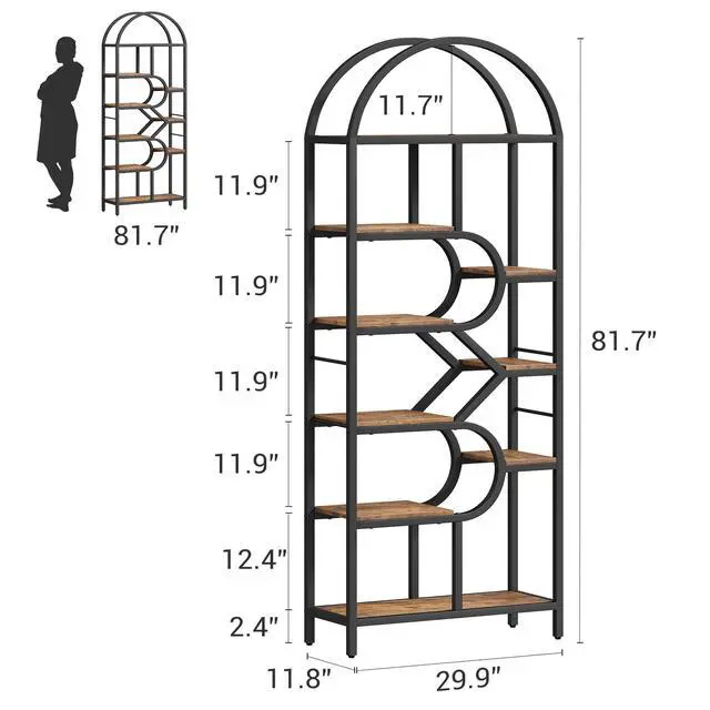 Alt view image 2 of 6 - Bookshelf 6 Tier Arched Bookcase 81.7in Tall Display Racks Geometric Open Storage Shelf Unique Book Rack Metal Frame Large Modern Book Shelf for Bedroom, Living Room, Home Office
