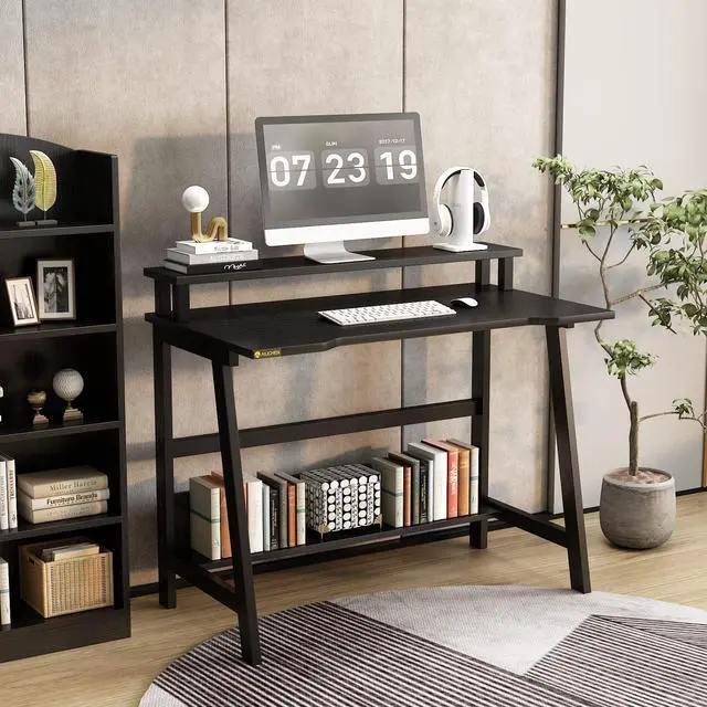 Alt view image 2 of 6 - 31.5 Inch Small Desk, Small Computer Desk for Small Spaces, Modern Writing Table with Monitor Storage Shelf, Compact Laptop Desk for Home Office and Study, Black