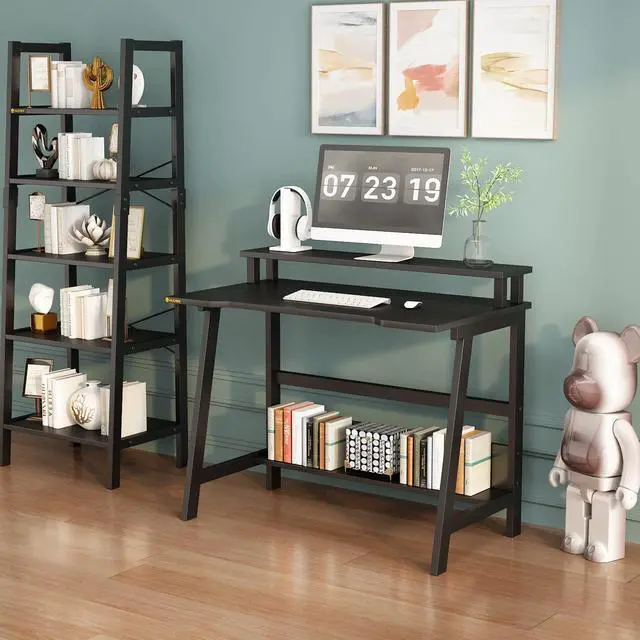 Alt view image 4 of 6 - 31.5 Inch Small Desk, Small Computer Desk for Small Spaces, Modern Writing Table with Monitor Storage Shelf, Compact Laptop Desk for Home Office and Study, Black